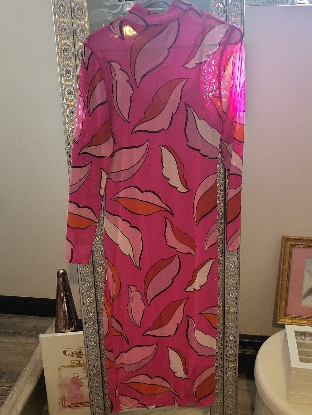 NWOT Pink Sheer Mesh Midi Dress With Whimsy Floral Print